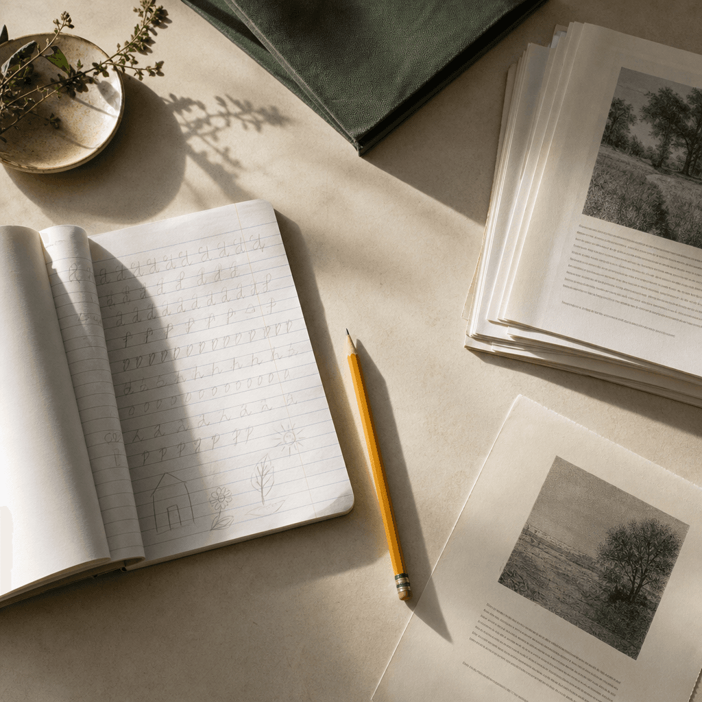 A child's exercise book, a pencil and printed pages on a desk in morning light